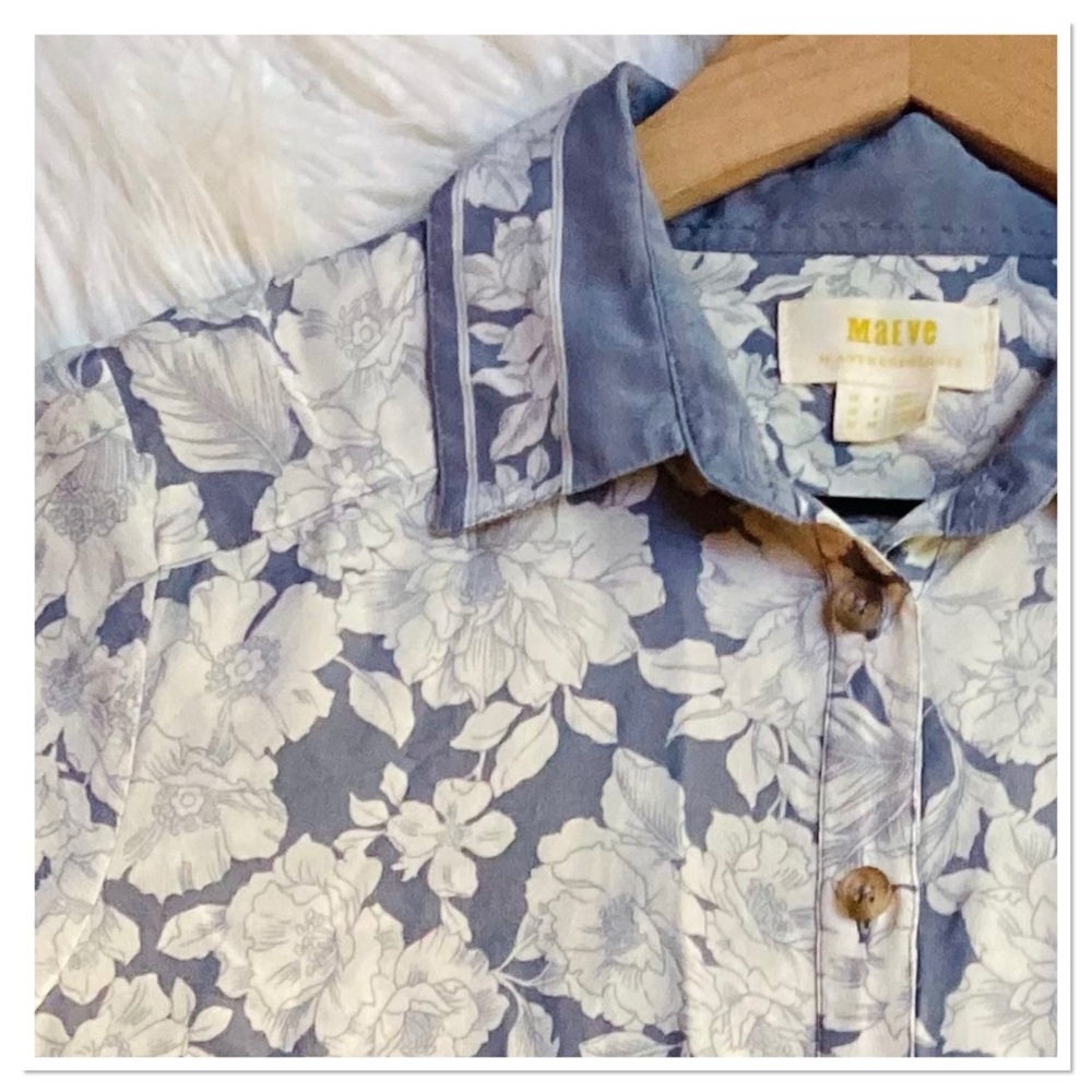 Anthropologie Maeve Rosalee Silk Button Up Front Shirt Floral Blue White Size 4 - Picture 6 of 10